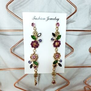 Rhinestone Floral Drop Earrings Pink & Gold Long Botanical Dangle Boho Jewelry